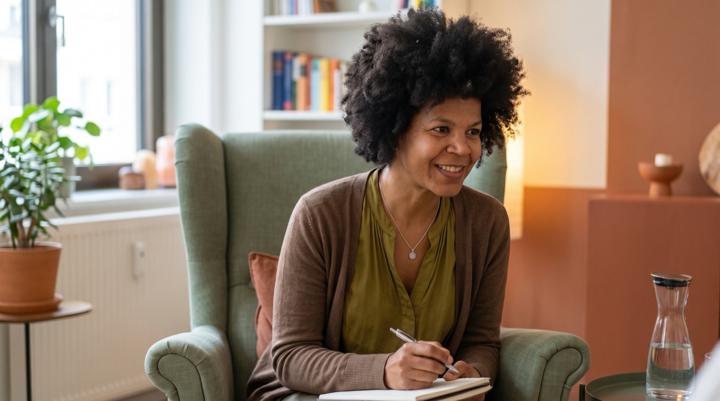 Deborah Akinsanya mit Notizbuch im Sessel