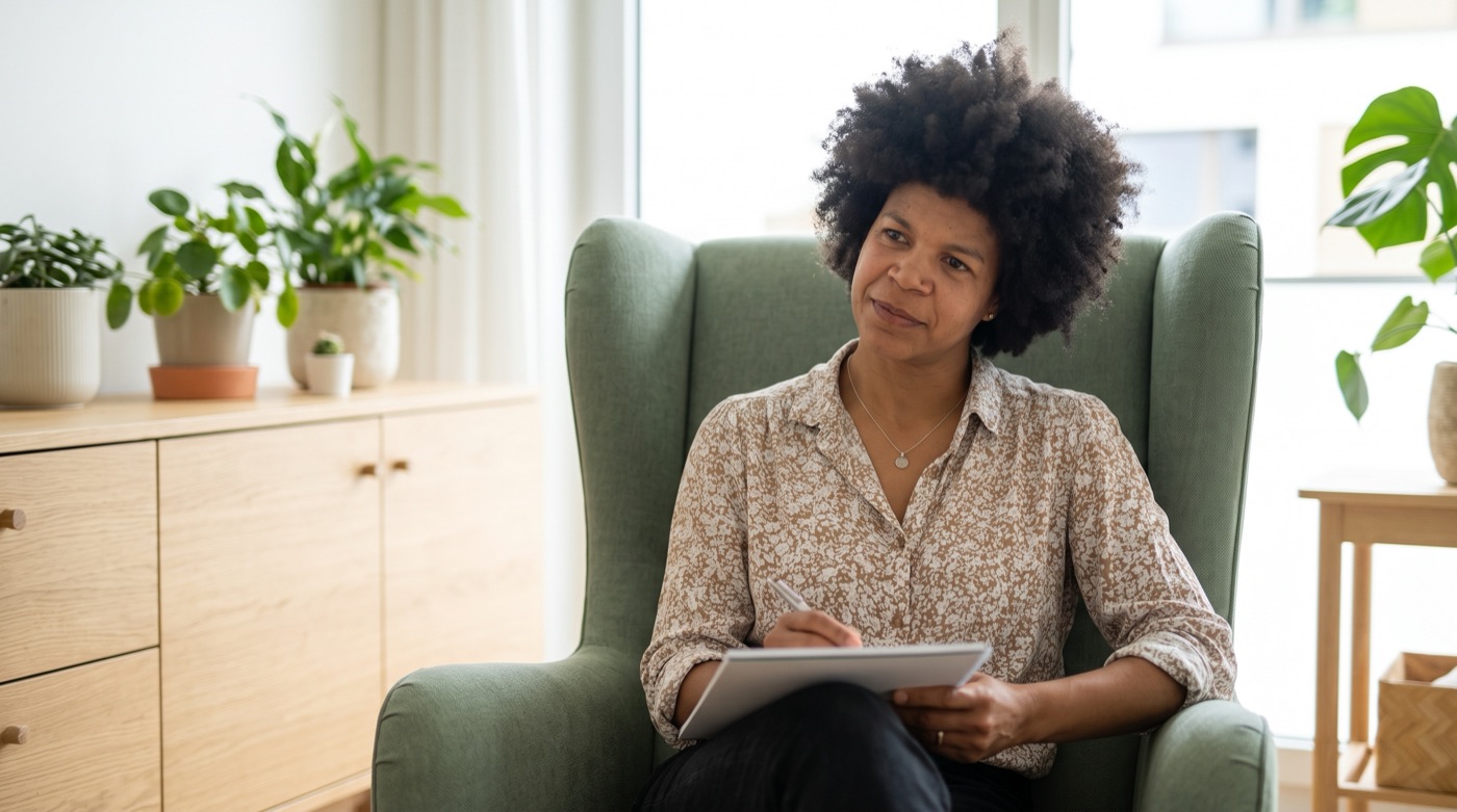 Deborah Akinsanya hört im Therapiegespräch aufmerksam zu